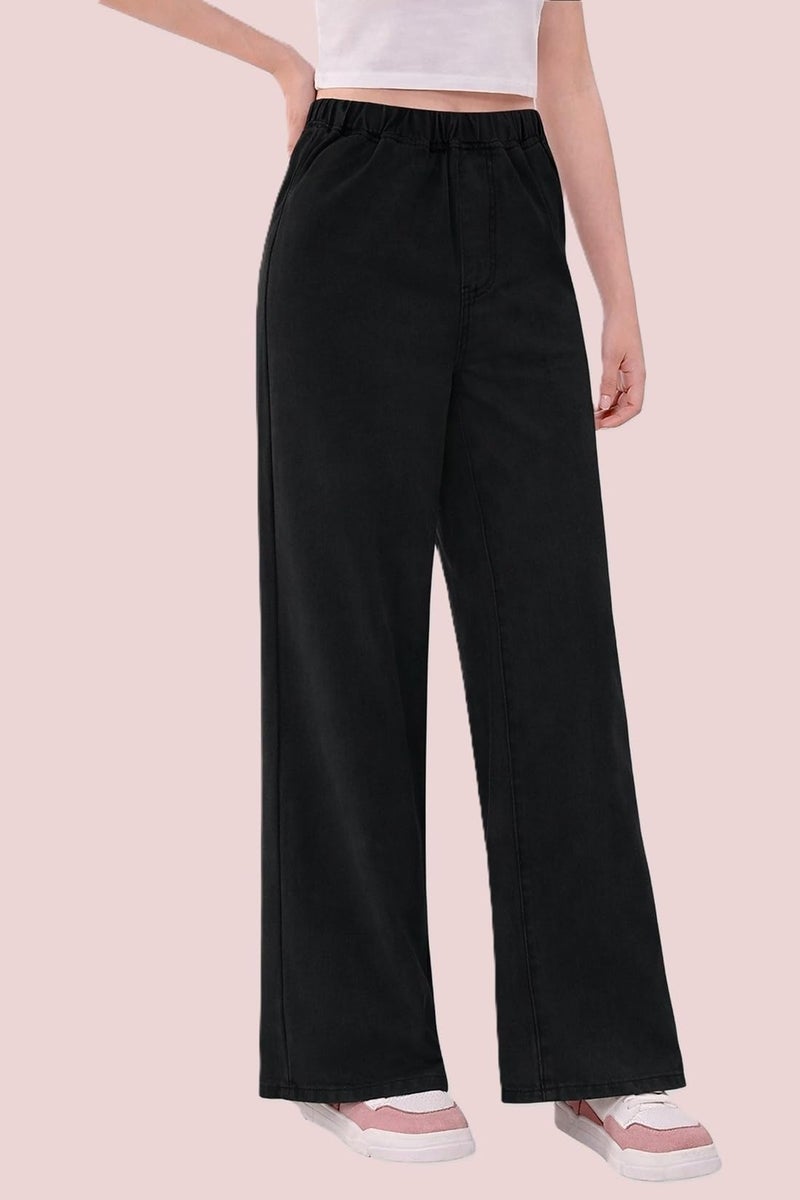 ADBUCKS Girl's Stretch Denim Wide Leg Jeans Comfort Fit with Elastic Waistband, Straight Cut, Casual Style for All Seasons, Versatile Clothing (in, Age, 8 Years, 9 Years, Black) - Image 2
