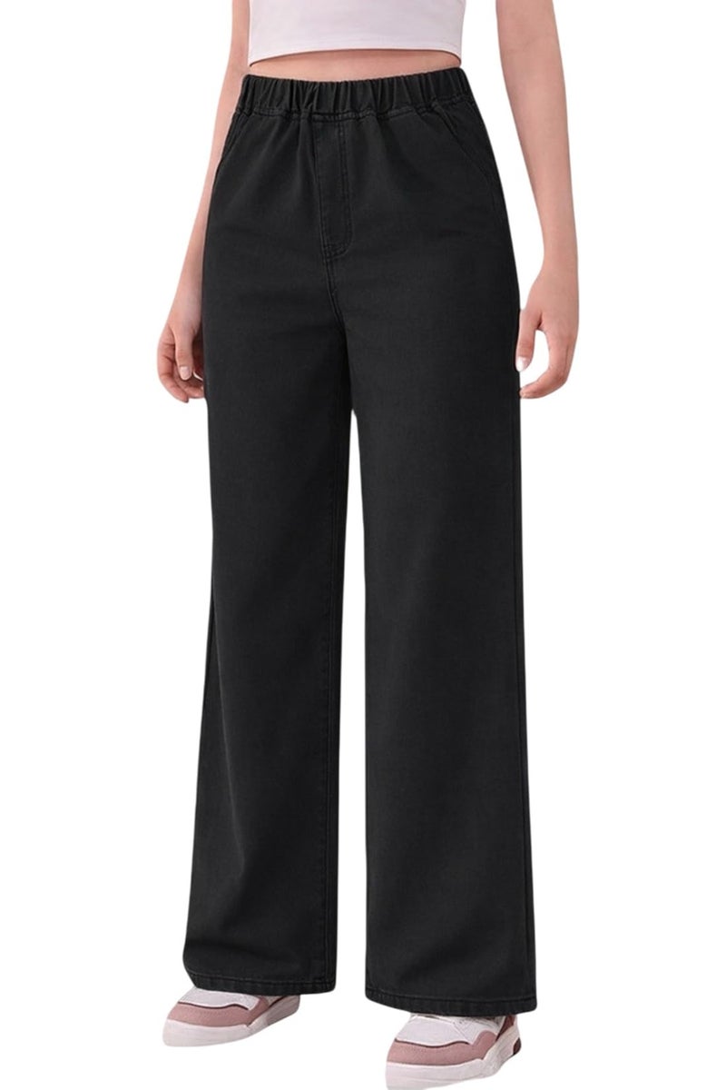 ADBUCKS Girl's Stretch Denim Wide Leg Jeans Comfort Fit with Elastic Waistband, Straight Cut, Casual Style for All Seasons, Versatile Clothing (in, Age, 8 Years, 9 Years, Black) - Image 5