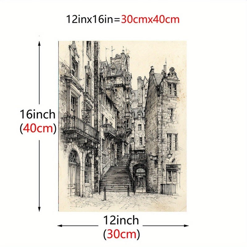 مطبوع فني ساخر بأسلوب المانغا لمدينة إدنبرة القديمة، رسم تخطيطي، مقاس 12x16 بوصة - Image 4