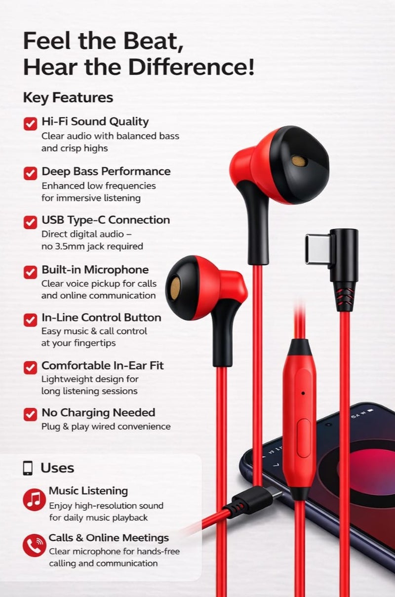 Type-C Hi-Fi Stereo Earphones with Mic – High-Definition Wired Audio, Deep Bass, and Balanced Sound – Lightweight and Comfortable In-Ear Design – Built-in Volume and Play Controls – Compatible with All USB-C Android Phones and Tablets - Image 2