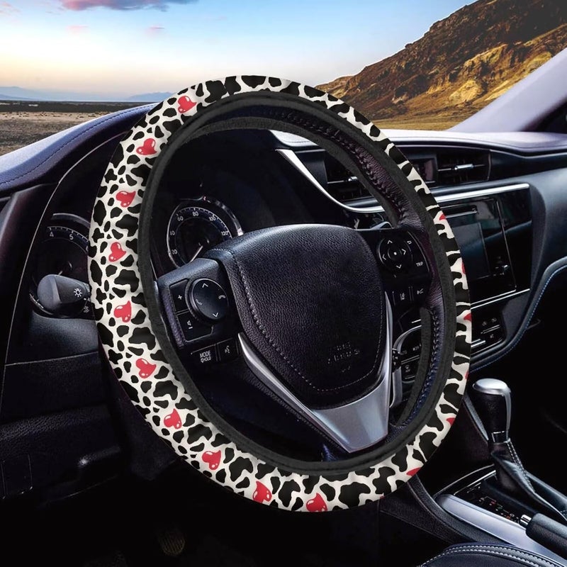 Universal Non-Slip Steering Wheel Cover, 15-inch Polyester Material Driving Accessories, Suitable for Car and Truck(Red Heart Cow Texture) - Image 1