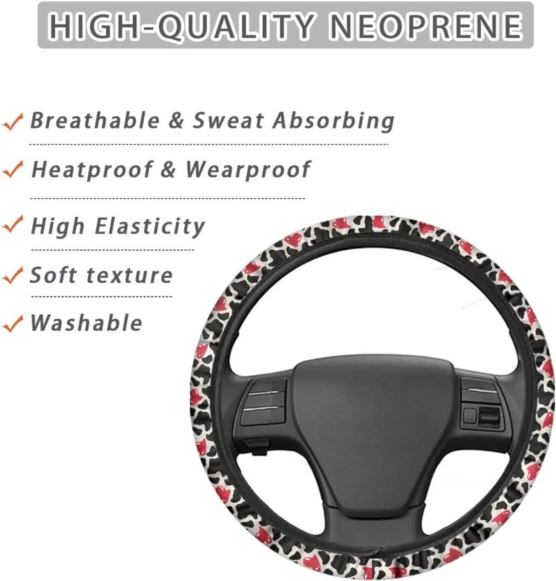 Universal Non-Slip Steering Wheel Cover, 15-inch Polyester Material Driving Accessories, Suitable for Car and Truck(Red Heart Cow Texture) - Image 4