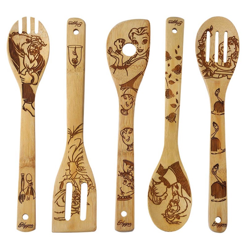 Beauty and the Beast Burned Wooden Spoons Cooking Serving Utensils Set Bamboo Spoon Slotted Kitchen Utensil Fun Gift Idea Warming Present Set of 5