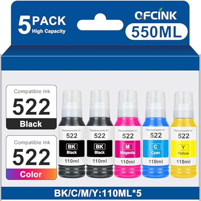 522 HIGH CAPACITY (5 BOTTLES) INK REFILL BOTTLES REMANUFACTURED FOR EPSON 522 ECOTANK INK USE FOR ECOTANK ET-2800, ET-4800, ET-2400, ET-2803, ET-2720, ET-2840, ET-4700 (550ML, NOT SUBLIMATION INK) - Image 1