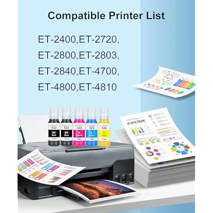 522 HIGH CAPACITY (5 BOTTLES) INK REFILL BOTTLES REMANUFACTURED FOR EPSON 522 ECOTANK INK USE FOR ECOTANK ET-2800, ET-4800, ET-2400, ET-2803, ET-2720, ET-2840, ET-4700 (550ML, NOT SUBLIMATION INK) - Image 3