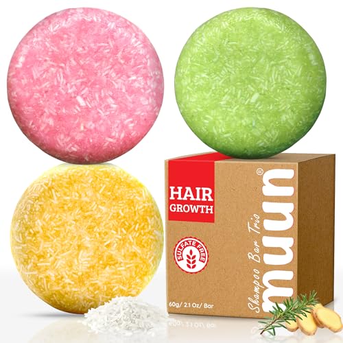 Muun Ginger Rosemary & Rice Water Shampoo Bar Pack 3 - Hair Growth, Thickening, Strengthening, Anti Hair Loss, Volumize & pH Balanced - Sulfate & Silicone Free For All Hair Type - Image 1