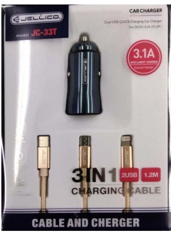 JELLICO JC-33T Dual USB Quick Charging Car Charger with 3-in-1 Cable, 3.1A, 1.2M