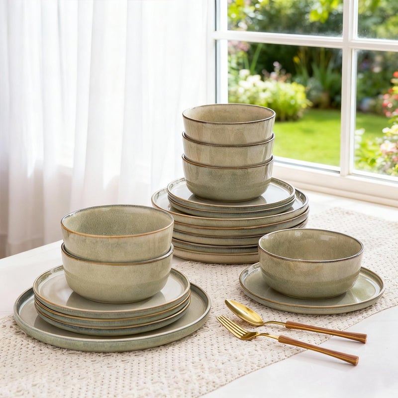 AmorArc Stoneware Dinnerware Sets for 4,Round Reactive Glaze Ceramics Plates and Bowls Set,Highly Scratch Resistant Dishware | Dishwasher & Microwave Safe Dishes Set,Service for 4 (12pc) - Image 2