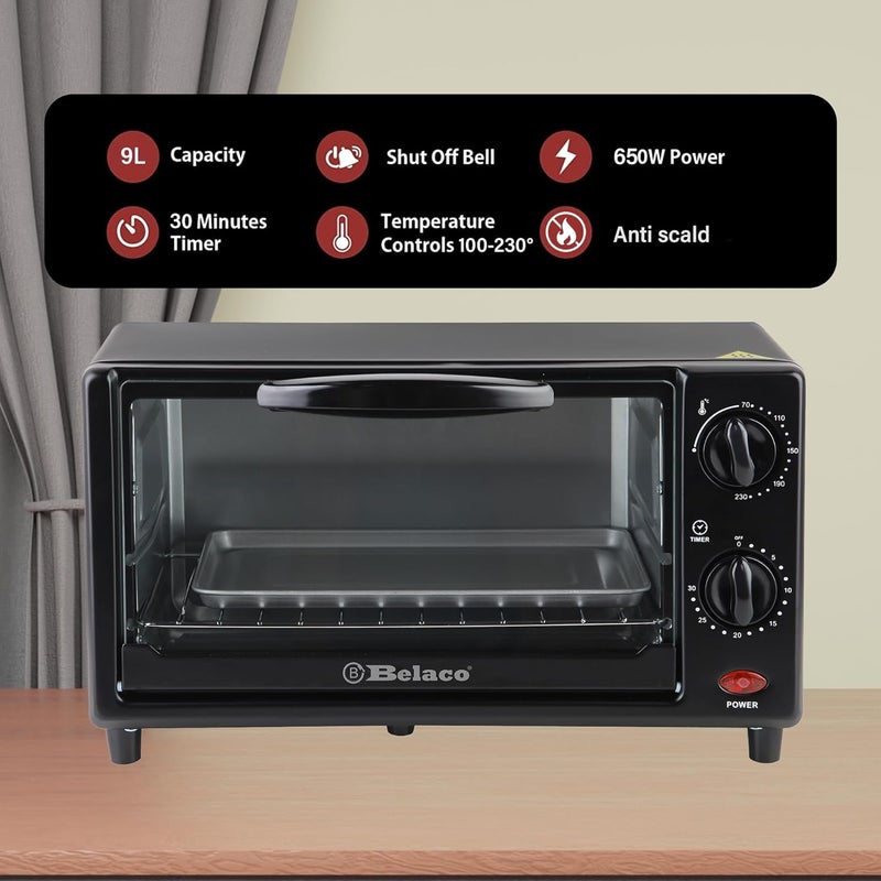 Belaco Mini 9L Toaster Oven Tabletop Cooking Baking Portable Oven 650w 100-250° Stainless steel heating tube incl. baking tray & wire rack - Image 2