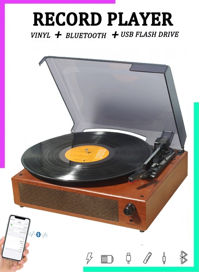 Portable Gramophone Vinyl Record Player Vintage Classic Turntable Phonograph With Built-in Stereo Speakers Turntable With Speakers Vintage BT Phonograph Record Player Stereo Sound (Red) - Image 1