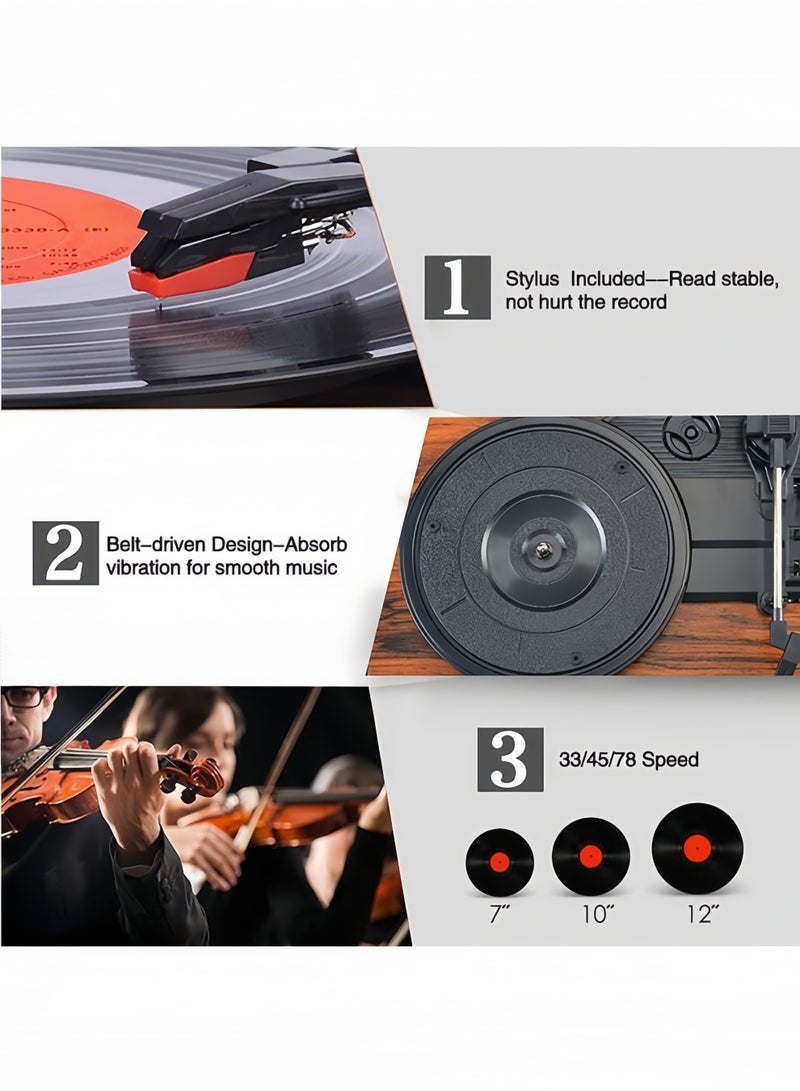Record Player, Vintage Vinyl Turntable with Bluetooth, Built-in Speakers & PC-Link Encoding, 3-Speed 33/45/78 RPM Recording Function for Vinyl to Digital Conversion - Image 5