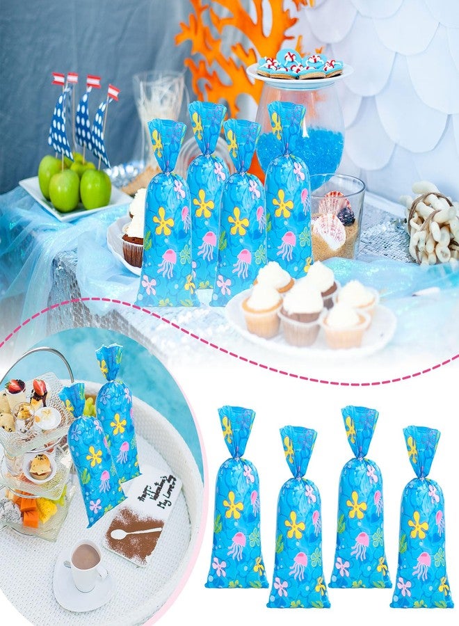 Whaline 100 Pcs Sponge Cartoon Cellophane Bags with Silver Twist Ties Under The Sea Seaweed Jellyfish Plastic Goodie Bag Cello Gift Bags for Summer Ocean Birthday - Image 5