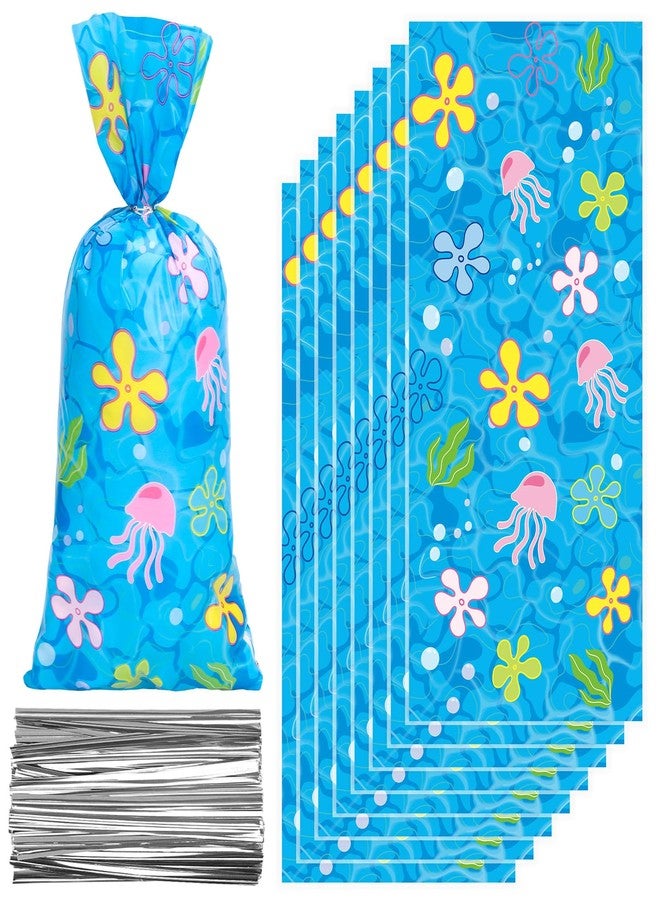 Whaline 100 Pcs Sponge Cartoon Cellophane Bags with Silver Twist Ties Under The Sea Seaweed Jellyfish Plastic Goodie Bag Cello Gift Bags for Summer Ocean Birthday - Image 1