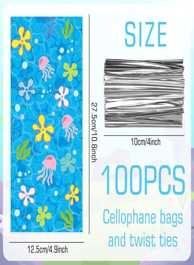 Whaline 100 Pcs Sponge Cartoon Cellophane Bags with Silver Twist Ties Under The Sea Seaweed Jellyfish Plastic Goodie Bag Cello Gift Bags for Summer Ocean Birthday - Image 2
