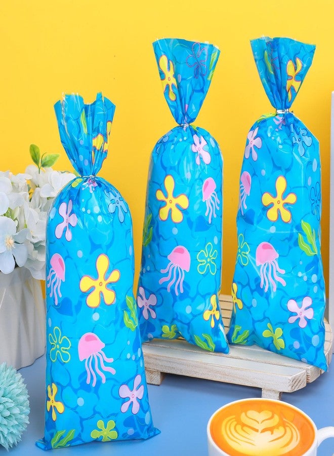 Whaline 100 Pcs Sponge Cartoon Cellophane Bags with Silver Twist Ties Under The Sea Seaweed Jellyfish Plastic Goodie Bag Cello Gift Bags for Summer Ocean Birthday - Image 3