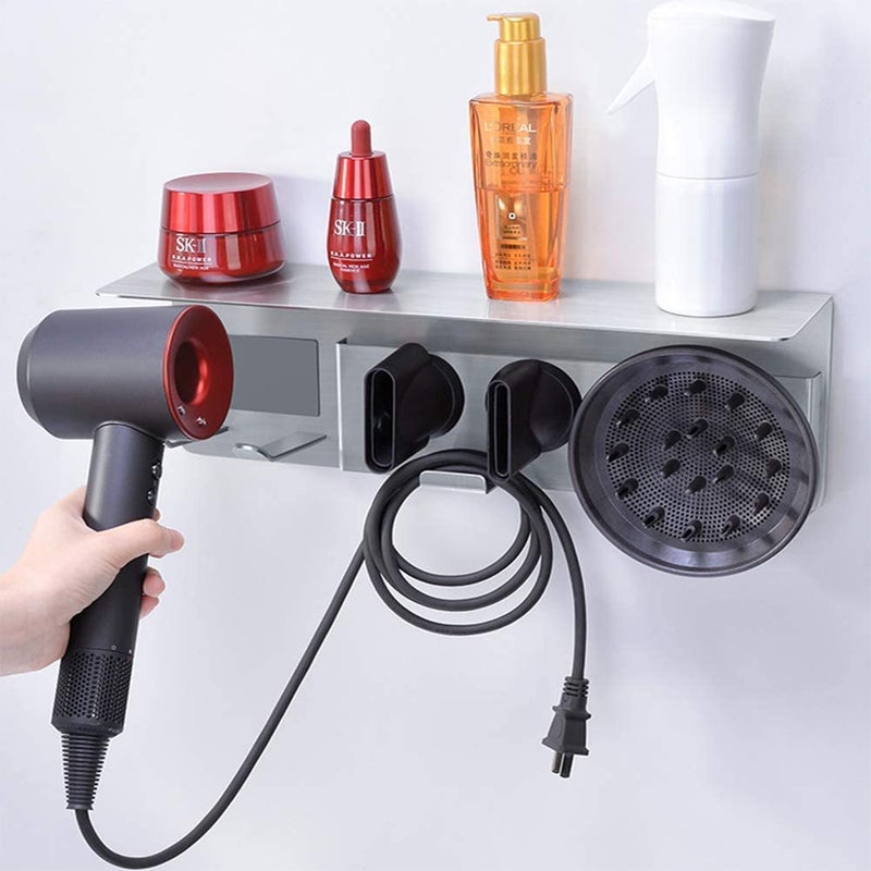 Generic Indian Decor 50789 Metal Wall Mounted Powder Coated Grey Hair Dryer Organizer Holder with 2 Nozzles Power Plug Shelf Standard  - Image 1