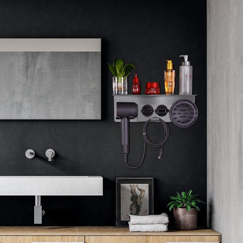 Generic Indian Decor 50789 Metal Wall Mounted Powder Coated Grey Hair Dryer Organizer Holder with 2 Nozzles Power Plug Shelf Standard  - Image 4