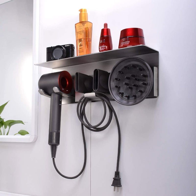 Generic Indian Decor 50789 Metal Wall Mounted Powder Coated Grey Hair Dryer Organizer Holder with 2 Nozzles Power Plug Shelf Standard  - Image 3