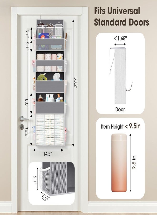 WISELIFE 5-Tier Over the Door Organizer for Hanging - 50LB Heavy-Duty Back of Door Organizer with 5 Spacious Pockets & 13 Mesh Pockets, Multipurpose Storage for Nursery, Bedroom, Closet(1 Pack, Gray) - Image 2