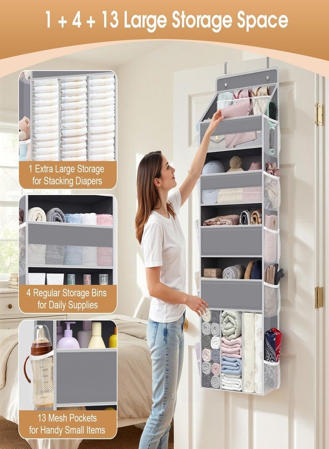 WISELIFE 5-Tier Over the Door Organizer for Hanging - 50LB Heavy-Duty Back of Door Organizer with 5 Spacious Pockets & 13 Mesh Pockets, Multipurpose Storage for Nursery, Bedroom, Closet(1 Pack, Gray) - Image 4