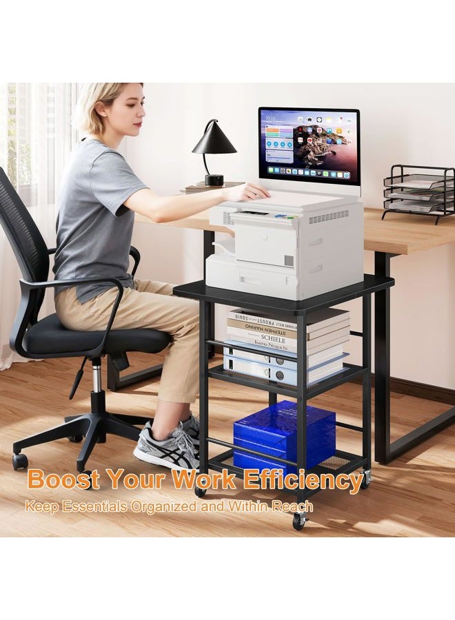 Snughome 3-Tier Printer Stand, 19.7" D×23.6" W×26.5" H Extra Large Printer Table with Storage Shelves, Rolling Cart with Lockable Wheels for Home Office, Black - Image 2