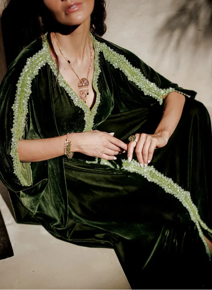 MAISON ARABELLE ATHINA EMBROIDERED VELVET KAFTAN