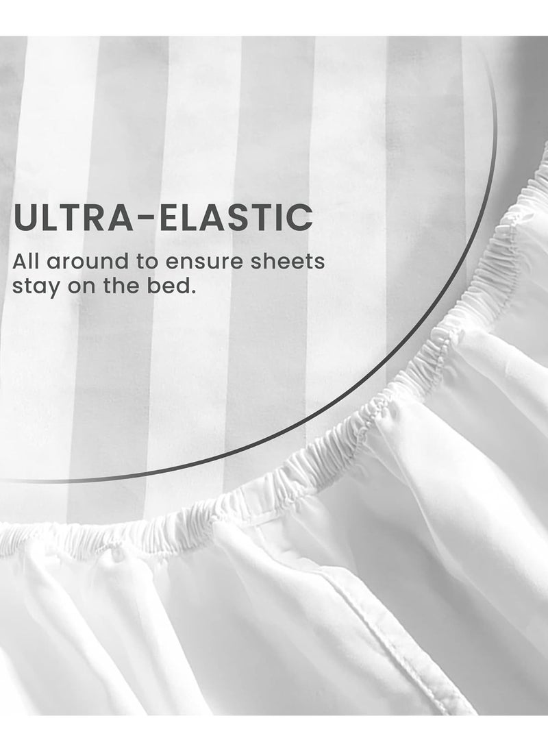 Saudi Deals - Cozy 3-piece White Striped Bed Sheet Set with 16" Deep Pocket, Super Soft, Easy Care, Wrinkle-Free, Fade Resistant, Breathable Cotton Set, Fitted Sheet and Pillowcases (Single) - Image 1