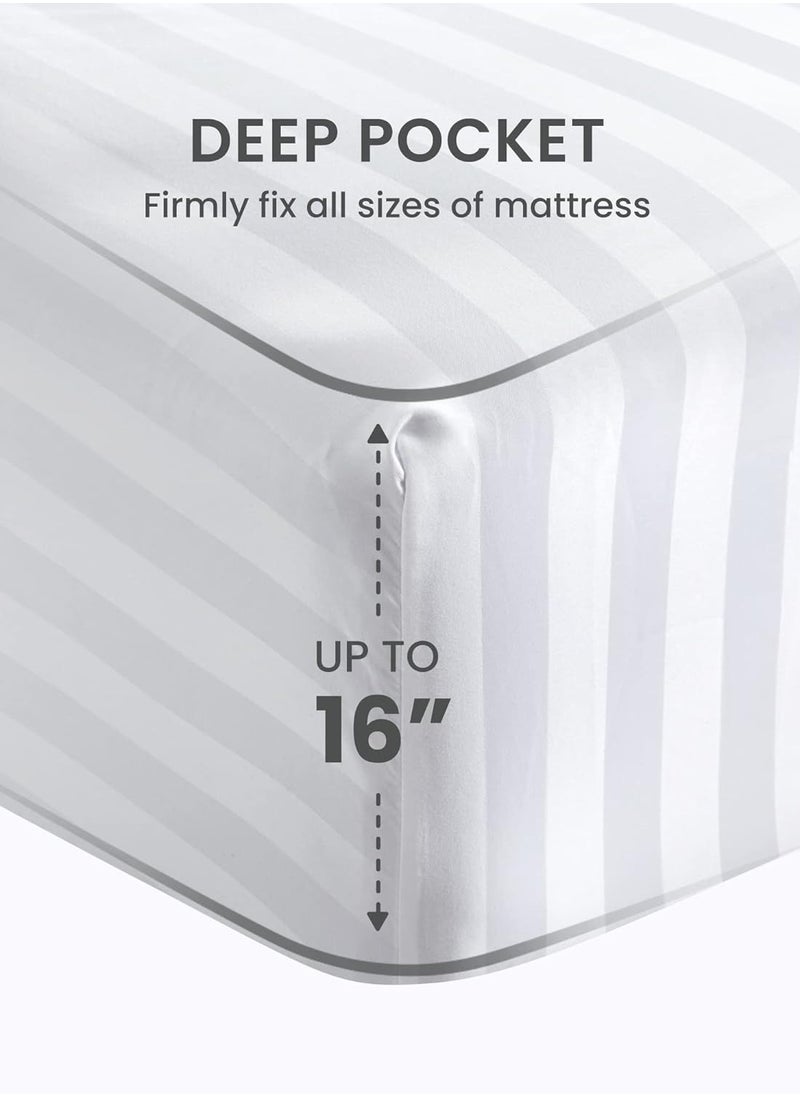 Saudi Deals - Cozy 3-piece White Striped Bed Sheet Set with 16" Deep Pocket, Super Soft, Easy Care, Wrinkle-Free, Fade Resistant, Breathable Cotton Set, Fitted Sheet and Pillowcases (Single) - Image 1
