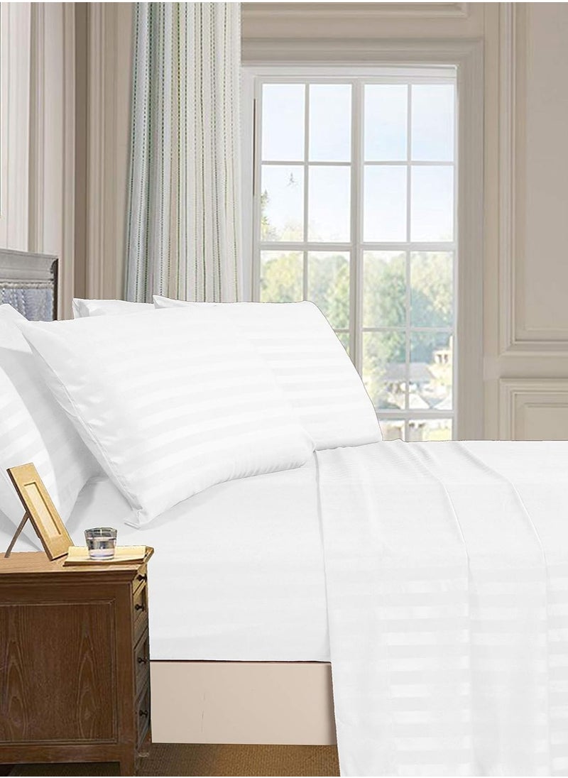 Saudi Deals - Cozy 3-piece White Striped Bed Sheet Set with 16" Deep Pocket, Super Soft, Easy Care, Wrinkle-Free, Fade Resistant, Breathable Cotton Set, Fitted Sheet and Pillowcases (Single) - Image 1