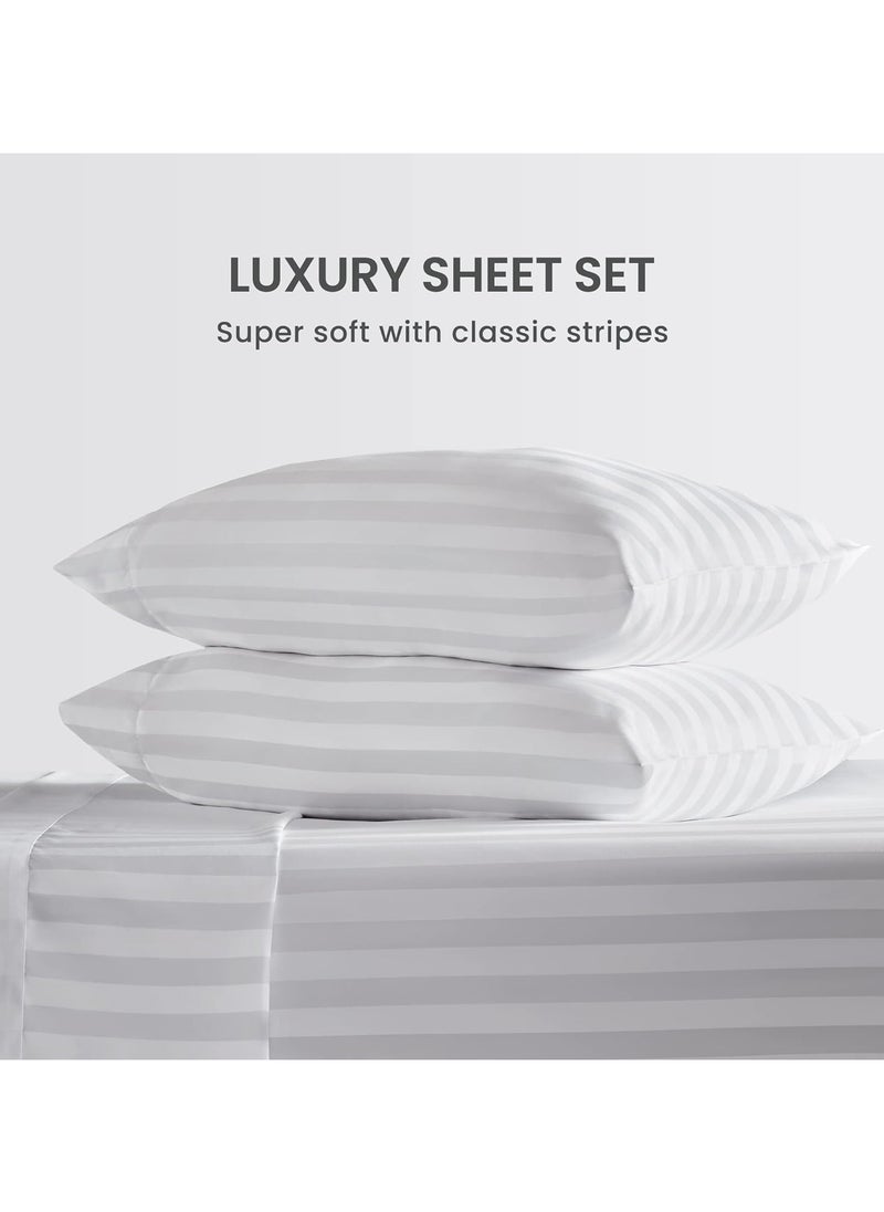 Saudi Deals - Cozy 3-piece White Striped Bed Sheet Set with 16" Deep Pocket, Super Soft, Easy Care, Wrinkle-Free, Fade Resistant, Breathable Cotton Set, Fitted Sheet and Pillowcases (Single) - Image 1