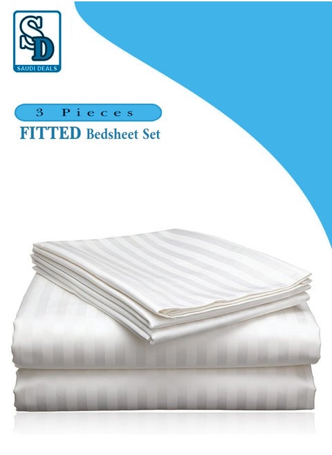 Cozy 3-piece White Striped Bed Sheet Set with 16" Deep Pocket, Super Soft, Easy Care, Wrinkle-Free, Fade Resistant, Breathable Cotton Set, Fitted Sheet and Pillowcases (Single)