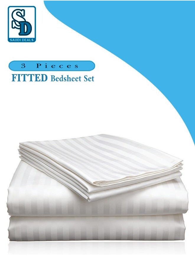 Saudi Deals - Cozy 3-piece White Striped Bed Sheet Set with 16" Deep Pocket, Super Soft, Easy Care, Wrinkle-Free, Fade Resistant, Breathable Cotton Set, Fitted Sheet and Pillowcases (Single) - Image 1