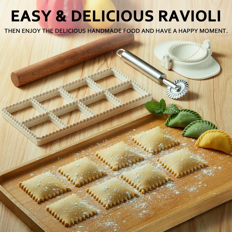 MUMSUNG Ravioli Maker Press, Ravioli Press Mold Set - 1.85" Squares Ravioli Stamp Maker Cutter with Wood Rolling Pin, 2.6" Empanada Maker Press Kit and Ravioli Wheel, Makes 8 Ravioli - Image 5