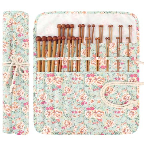 Aeelike 18 Pairs Bamboo Knitting Needles Set - 14 Inches Wooden Knitting Needles Single Point with Flower Roll Bag - Portable Knittings Needle Set for Beginners (2mm - 10mm) - Image 1