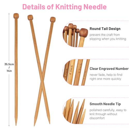 Aeelike 18 Pairs Bamboo Knitting Needles Set - 14 Inches Wooden Knitting Needles Single Point with Flower Roll Bag - Portable Knittings Needle Set for Beginners (2mm - 10mm) - Image 3