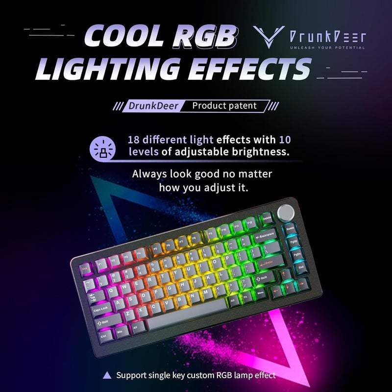DrunkDeer A75 Pro Rapid Trigger Silent Magnetic Switch Mechanical GamingKeyboard ANSI Adjustable Actuation HE Hall Effect RGB PBT Keycap 75% TKL 82Keys Wired Cherry Profile USB with Knob - Image 5