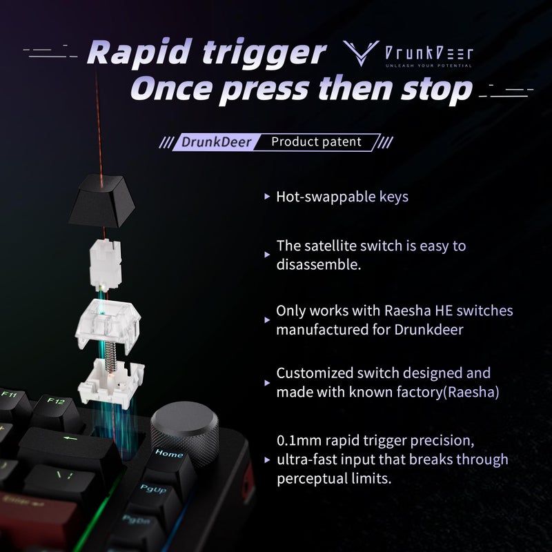 DrunkDeer A75 Pro Rapid Trigger Silent Magnetic Switch Mechanical GamingKeyboard ANSI Adjustable Actuation HE Hall Effect RGB PBT Keycap 75% TKL 82Keys Wired Cherry Profile USB with Knob - Image 3