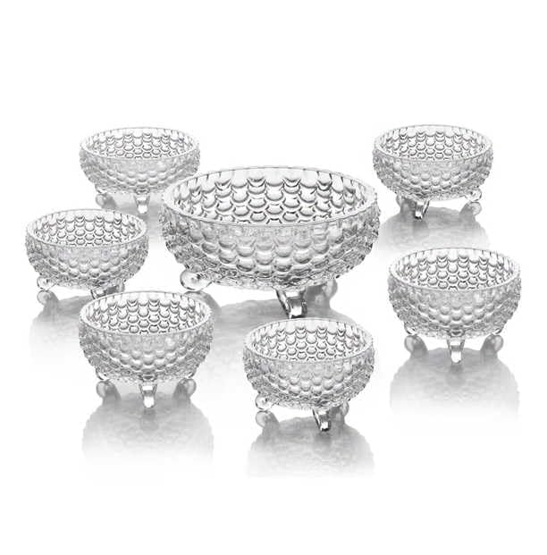 Brighterbee Crystal Glass Bowl Set of 7 pcs with 1 Large Bowl 6 Small Bowls for Serving SnacksPuddingDessertFruits and Kitchen Purpose Transparent Edition Fish Design - Image 1