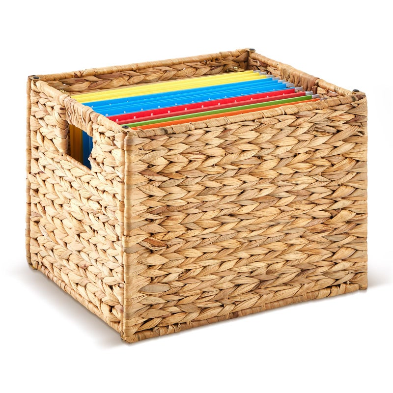 Jingmore Hanging File Box Water Hyacinth Collapsible Woven File Organizer for Letter Size Files Portable Decorative Storage Basket with Handles for Home Office Decor - Image 2