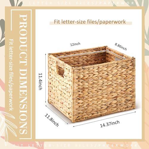 Jingmore Hanging File Box Water Hyacinth Collapsible Woven File Organizer for Letter Size Files Portable Decorative Storage Basket with Handles for Home Office Decor - Image 3