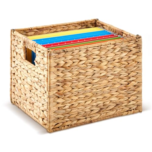 Jingmore Hanging File Box Water Hyacinth Collapsible Woven File Organizer for Letter Size Files Portable Decorative Storage Basket with Handles for Home Office Decor - Image 1