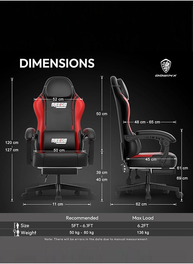 DROGO - Gaming Chair Drogo Ergonomic , Computer Chair with Linkage Armrest, Footrest & Adjustable Seat Video Game Chair with Leather, Head & Massager Lumbar Pillow Home & Office Chair with Recline Black Red - Image 1