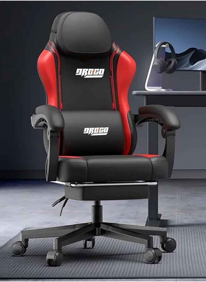 DROGO - Gaming Chair Drogo Ergonomic , Computer Chair with Linkage Armrest, Footrest & Adjustable Seat Video Game Chair with Leather, Head & Massager Lumbar Pillow Home & Office Chair with Recline Black Red - Image 1