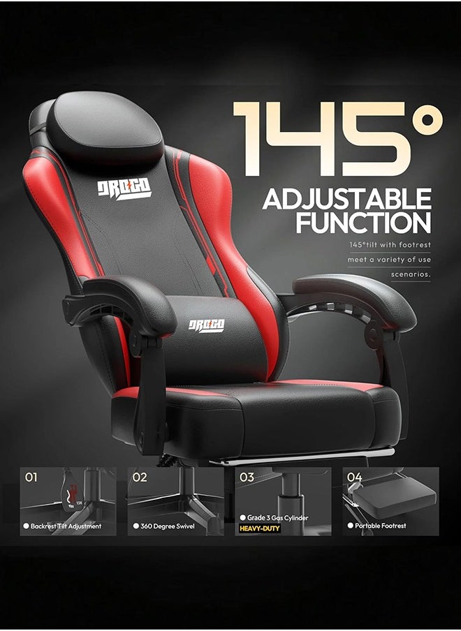 DROGO - Gaming Chair Drogo Ergonomic , Computer Chair with Linkage Armrest, Footrest & Adjustable Seat Video Game Chair with Leather, Head & Massager Lumbar Pillow Home & Office Chair with Recline Black Red - Image 1