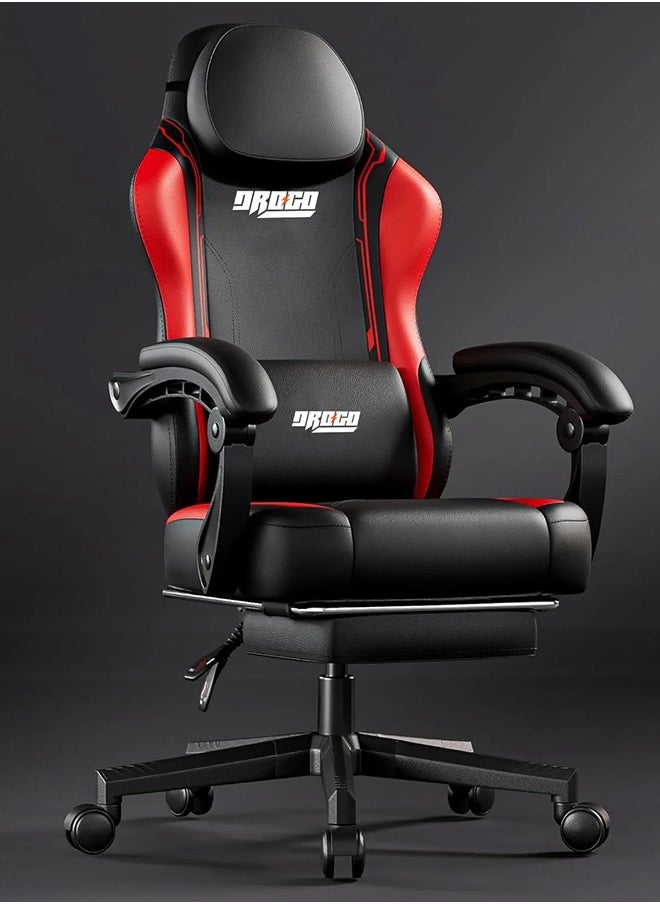 Drogo Ergonomic Gaming Chair, Computer Chair with Linkage Armrest, Footrest & Adjustable Seat Video Game Chair with Leather, Head & Massager Lumbar Pillow Home & Office Chair with Recline Black Red 