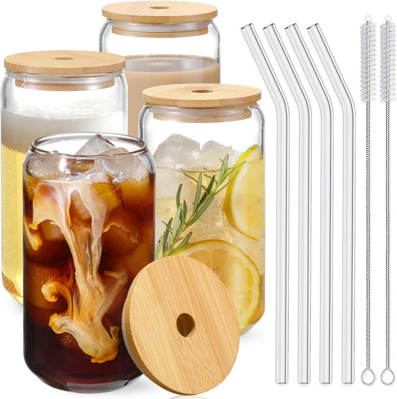 HOOJO 4-Piece Drinking Glass Set with Bamboo Lids and Straws - Image 1
