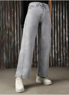 HIGH STAR High Rise Mid Wash Straight Jeans by Styli  - Image 5