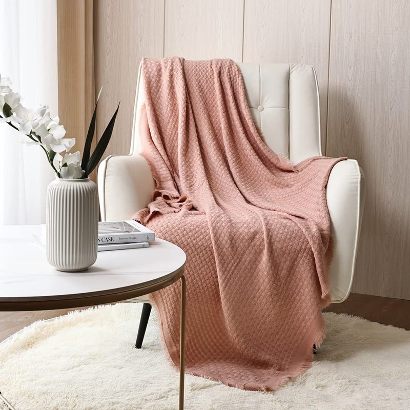 CREVENT Farmhouse Waffle Knit Throw Blanket for Couch Sofa Chair Bed Home Decoration Soft Warm Cozy Light Weight for Spring Summer Fall 50X60 Coral Pink