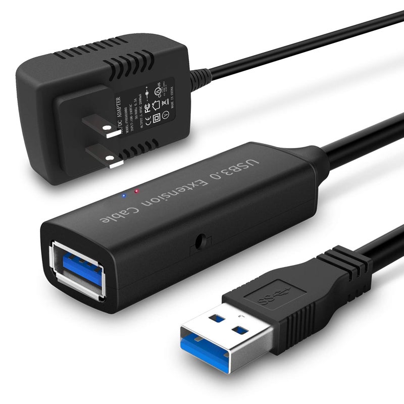 RSHTECH USB 3.0 Active Extension Cable 32 Feet with 5V 2A Power Adapter, USB 3.0 Extender Male to Female Cord with Built-in Signal Booster Chips for Xbox, PS4, USB Printer, Mouse, Keyboard, etc - Image 1