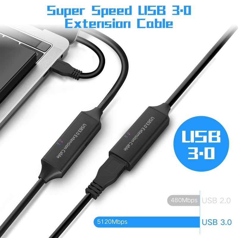 RSHTECH USB 3.0 Active Extension Cable 32 Feet with 5V 2A Power Adapter, USB 3.0 Extender Male to Female Cord with Built-in Signal Booster Chips for Xbox, PS4, USB Printer, Mouse, Keyboard, etc - Image 3